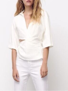 Zara Draped Wrap Blouse White Size S | Linen Cotton Blend Like New